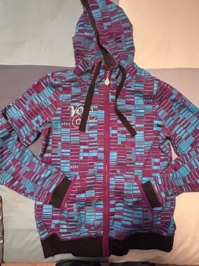 Volcom Scene Emo Grunge Teal & Purple Patterned Zip-Up Hoodie
